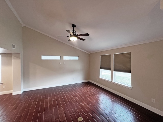 spare room featuring ornamental molding, lofted ceiling, ceiling fan, and dark wood-type flooring