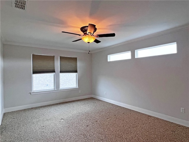 unfurnished room with ceiling fan, carpet, and ornamental molding