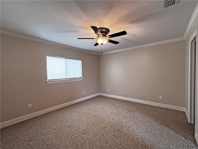 unfurnished room featuring ceiling fan, carpet, a textured ceiling, and ornamental molding