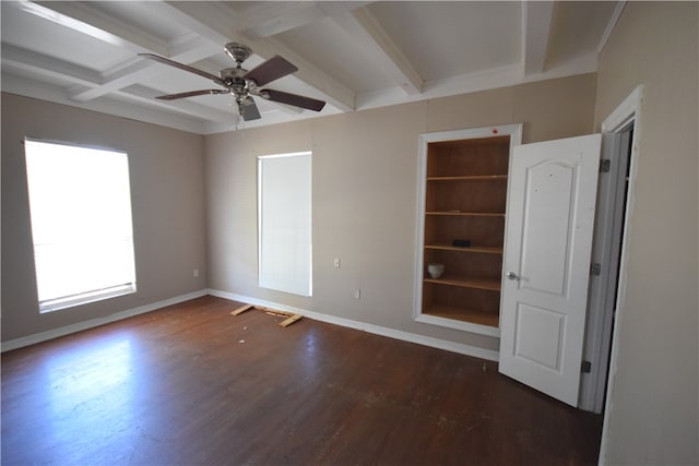 spare room with ceiling fan, dark hardwood / wood-style floors, beam ceiling, and coffered ceiling