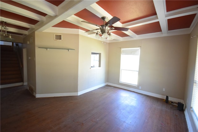 spare room featuring beamed ceiling, coffered ceiling, ceiling fan, and dark hardwood / wood-style floors