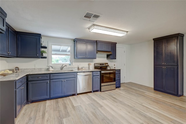 kitchen featuring light wood-type flooring, sink, light stone counters, and stainless steel appliances