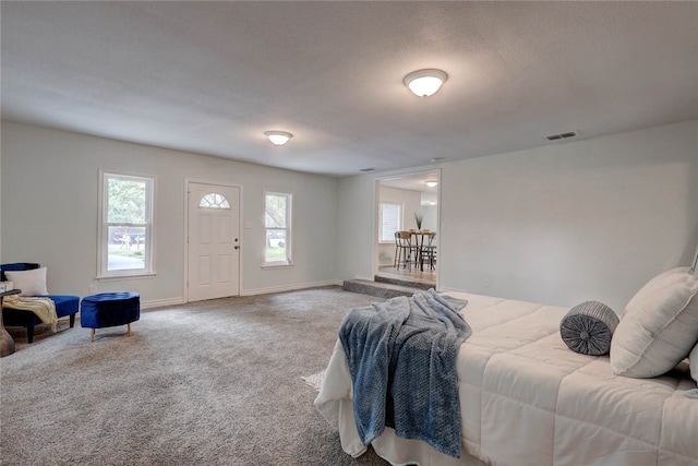 bedroom with a textured ceiling and carpet floors