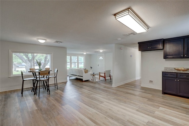 dining room featuring a textured ceiling and light hardwood / wood-style flooring