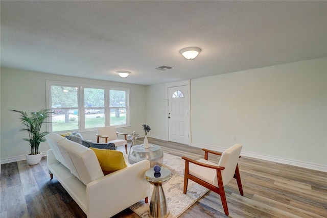 living room featuring wood-type flooring and a textured ceiling