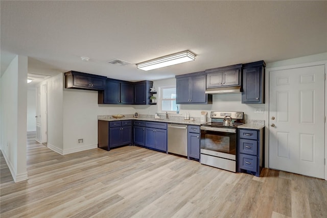 kitchen featuring appliances with stainless steel finishes, sink, and light hardwood / wood-style flooring