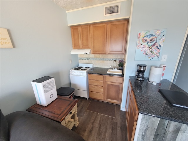 kitchen with tasteful backsplash, white electric range oven, a textured ceiling, sink, and dark wood-type flooring