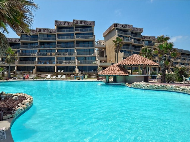 view of swimming pool with a gazebo