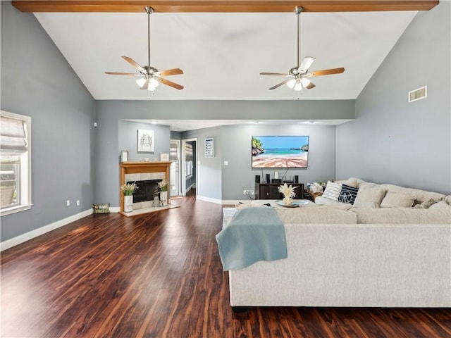 5422 Pressler Dr, Corpus Christi, TX 78413 - living area featuring baseboards, a fireplace, a ceiling fan, visible vents, and wood finished floors