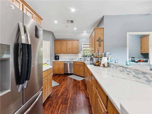 5422 Pressler Dr, Corpus Christi, TX 78413 - kitchen featuring visible vents, dark wood-style flooring, appliances with stainless steel finishes, recessed lighting, and decorative backsplash