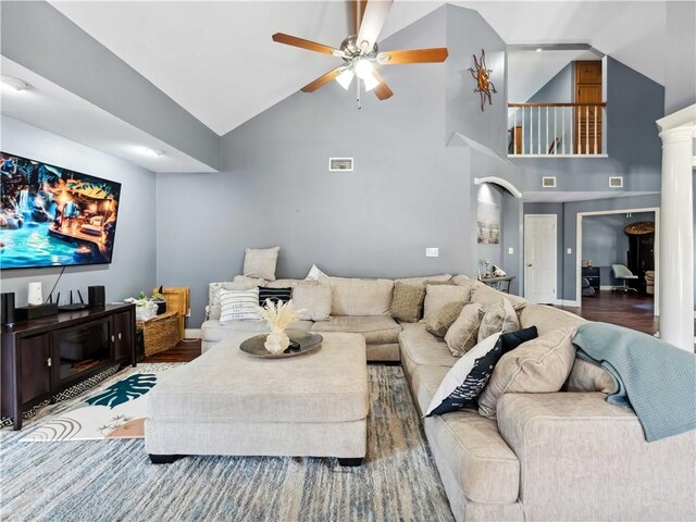 5422 Pressler Dr, Corpus Christi, TX 78413 - living area with visible vents, baseboards, a ceiling fan, wood finished floors, and high vaulted ceiling