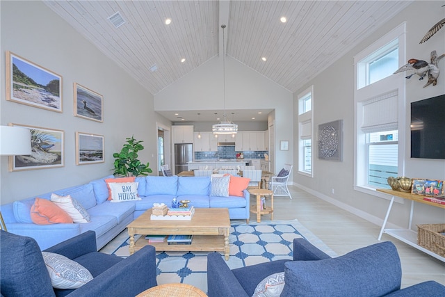 living room featuring high vaulted ceiling, wooden ceiling, recessed lighting, baseboards, and light wood-type flooring