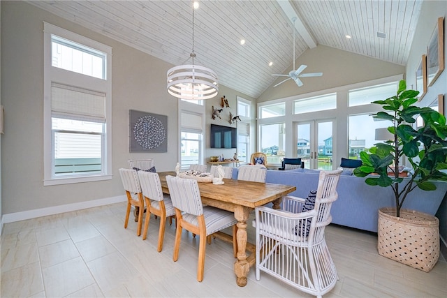 dining room with baseboards, wood ceiling, beamed ceiling, french doors, and high vaulted ceiling