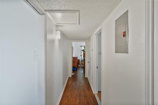 corridor with baseboards, attic access, electric panel, wood-type flooring, and a textured ceiling