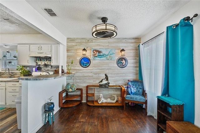 interior space with a sink, visible vents, a textured ceiling, and dark wood-style floors