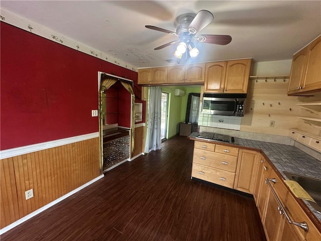 225 W Gile Ave, Aransas Pass, TX 78336 - kitchen with decorative backsplash, a ceiling fan, a wainscoted wall, stainless steel microwave, and dark wood-type flooring