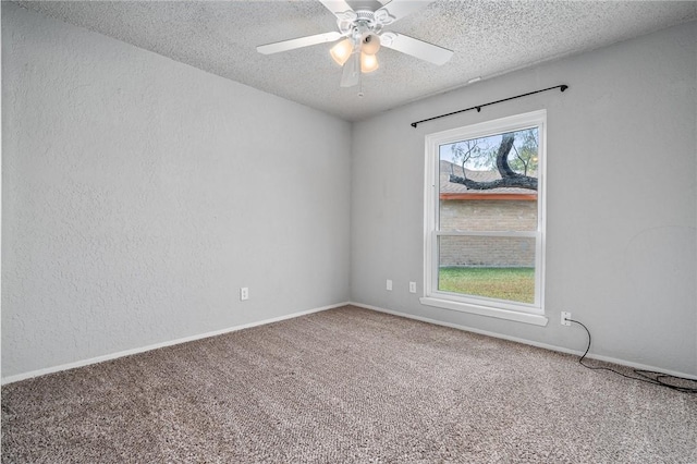 empty room with carpet flooring, ceiling fan, and a textured ceiling