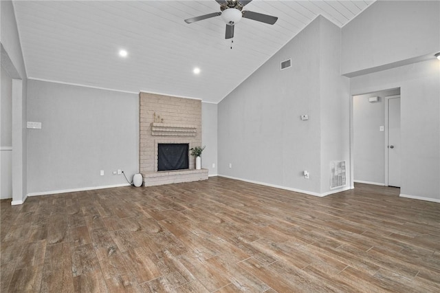 unfurnished living room with wooden ceiling, high vaulted ceiling, ceiling fan, a fireplace, and wood-type flooring