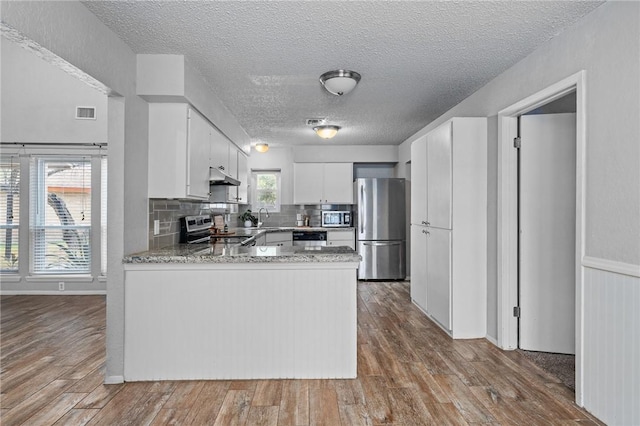 kitchen with white cabinets, light hardwood / wood-style floors, a healthy amount of sunlight, kitchen peninsula, and stainless steel appliances