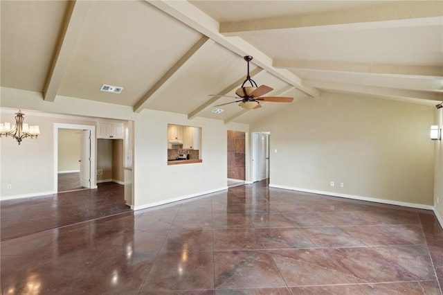 unfurnished living room with ceiling fan with notable chandelier, baseboards, vaulted ceiling with beams, and visible vents