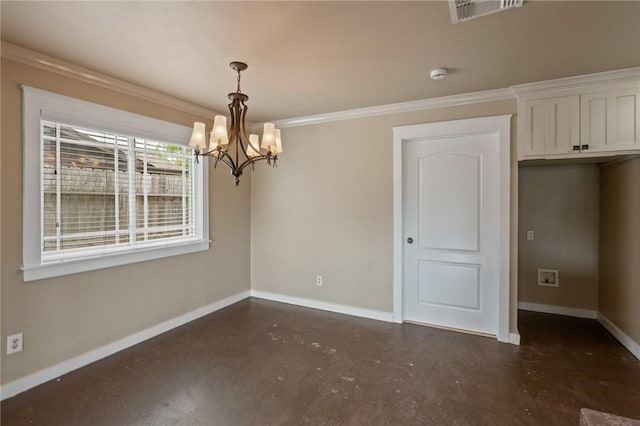 unfurnished dining area with visible vents, baseboards, finished concrete floors, and a chandelier