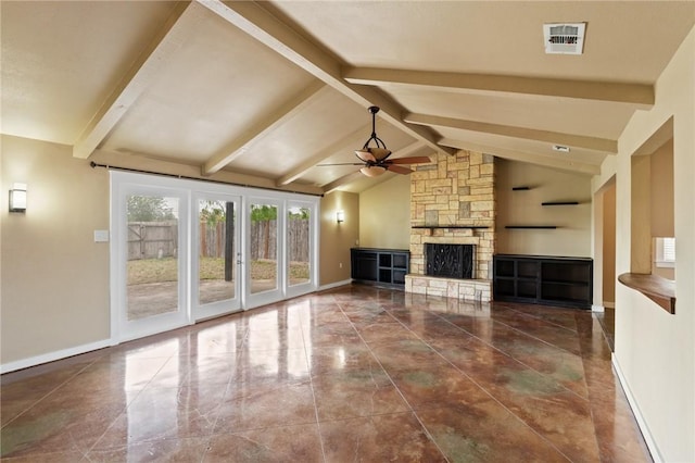 unfurnished living room with a stone fireplace, visible vents, a ceiling fan, baseboards, and lofted ceiling with beams