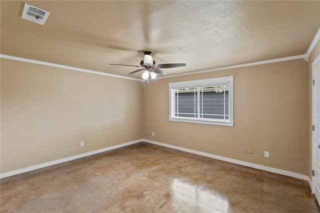 unfurnished room with baseboards, visible vents, ceiling fan, unfinished concrete floors, and ornamental molding