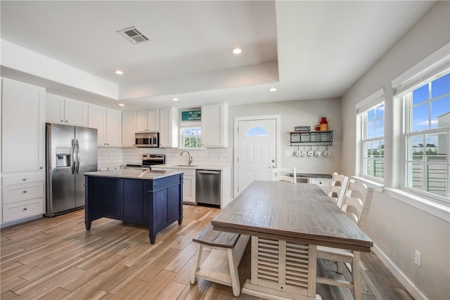 kitchen featuring white cabinetry, appliances with stainless steel finishes, a tray ceiling, a kitchen island, and backsplash