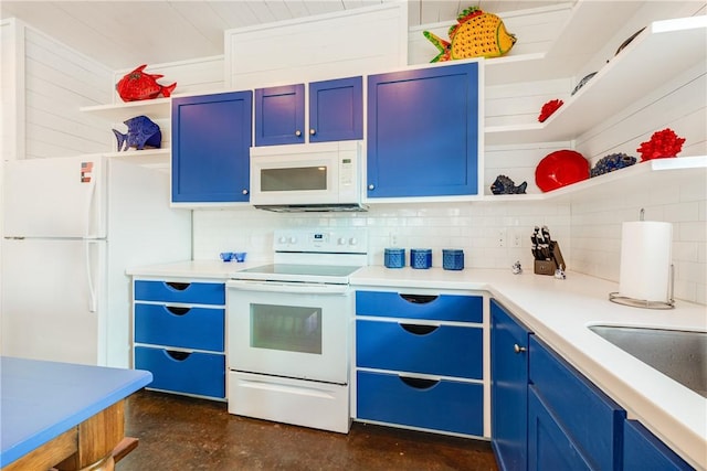 kitchen featuring blue cabinets, open shelves, backsplash, white appliances, and light countertops