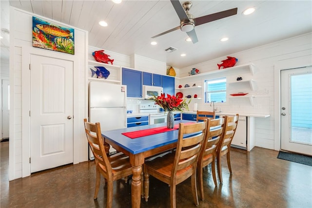 dining room featuring visible vents, finished concrete floors, recessed lighting, wooden ceiling, and a ceiling fan