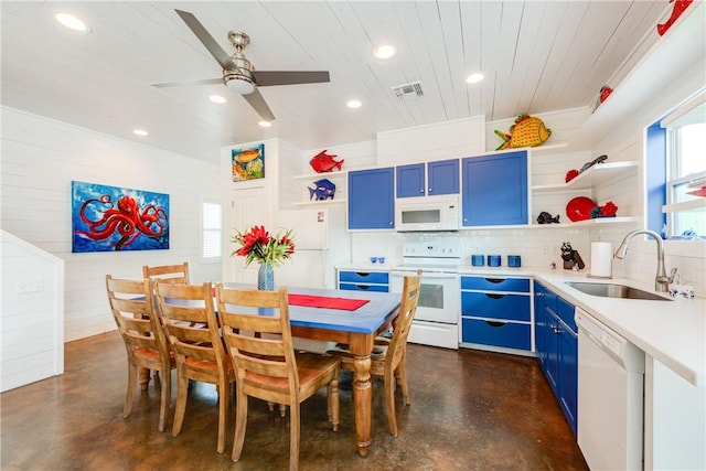 dining area featuring visible vents, recessed lighting, wooden ceiling, and concrete floors