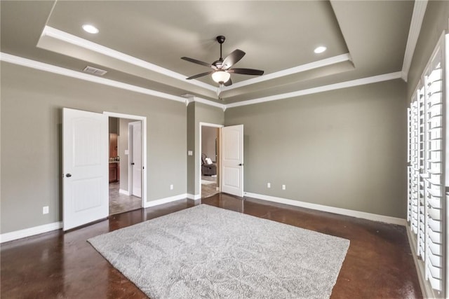 14106 Coquina Bay Ave, Corpus Christi, TX 78418 - unfurnished bedroom with a tray ceiling, ornamental molding, baseboards, finished concrete floors, and recessed lighting