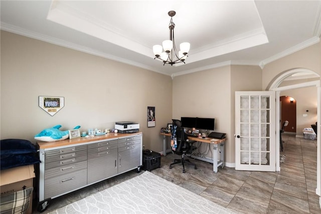 14106 Coquina Bay Ave, Corpus Christi, TX 78418 - office space with crown molding, a chandelier, arched walkways, a raised ceiling, and baseboards