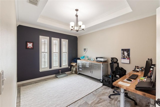 14106 Coquina Bay Ave, Corpus Christi, TX 78418 - home office with a chandelier, crown molding, and a tray ceiling