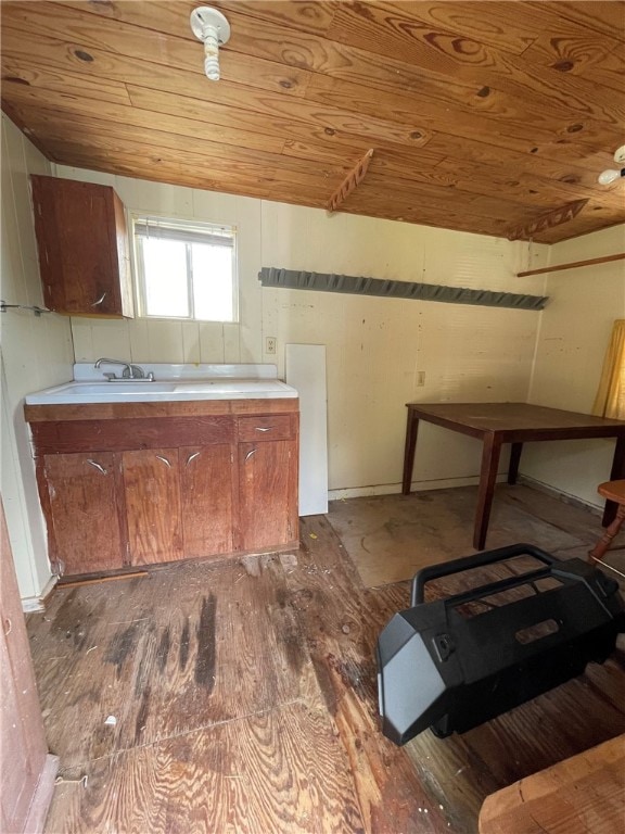 kitchen with light hardwood / wood-style flooring and wood ceiling