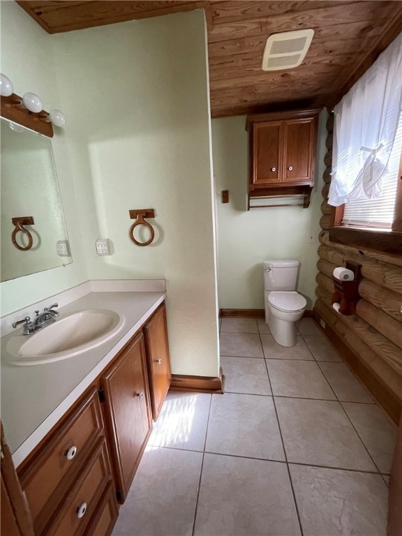 bathroom featuring tile patterned flooring, vanity, toilet, and wooden ceiling