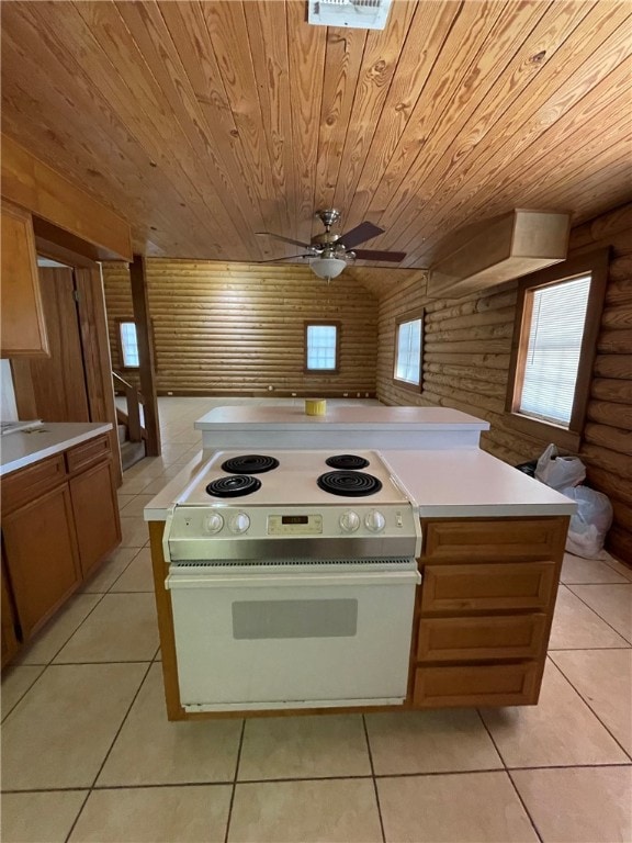 kitchen with ceiling fan, light tile patterned floors, log walls, white electric range oven, and wood ceiling