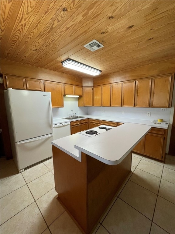 kitchen featuring a center island, wooden ceiling, and white appliances