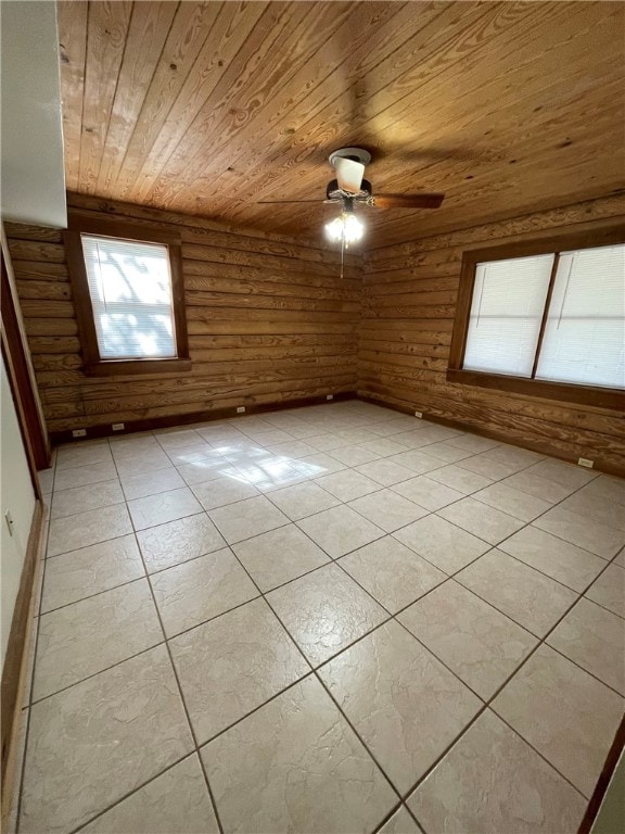 bonus room with light tile patterned floors, ceiling fan, wooden ceiling, and wood walls