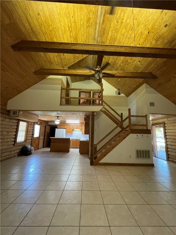 unfurnished living room featuring beam ceiling, ceiling fan, and wood ceiling