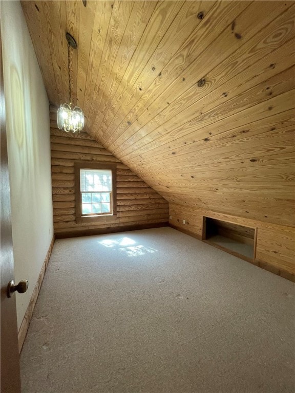 additional living space with carpet flooring, vaulted ceiling, rustic walls, and wooden ceiling