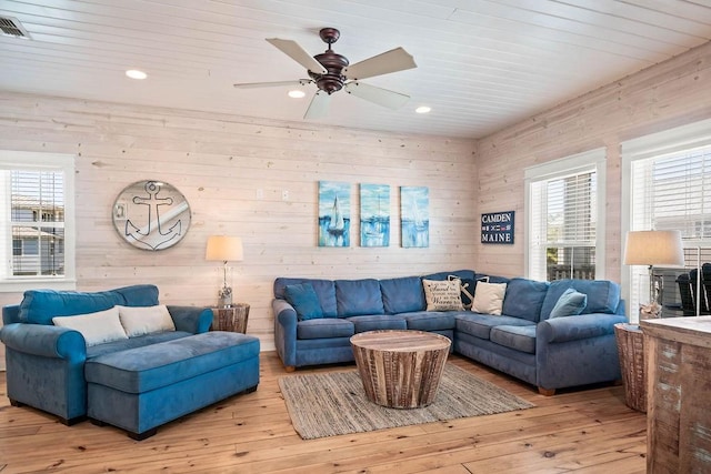 4903 State Highway 361 Unit 8, Port Aransas, TX 78373 - living room featuring light wood finished floors, wooden walls, a ceiling fan, recessed lighting, and wood ceiling