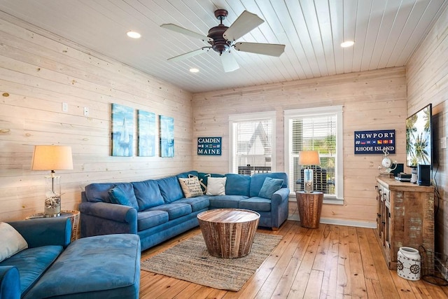 4903 State Highway 361 Unit 8, Port Aransas, TX 78373 - living room with recessed lighting, ceiling fan, light wood-type flooring, wood walls, and wood ceiling