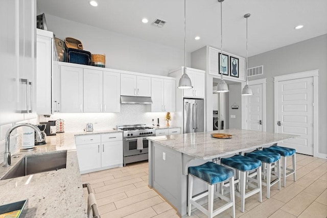125 Reserve Ln, Rockport, TX 78382 - kitchen featuring premium appliances, under cabinet range hood, a kitchen island, white cabinetry, and light stone countertops