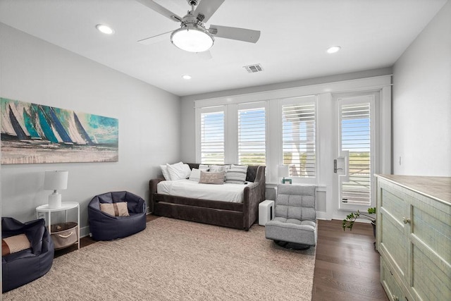 125 Reserve Ln, Rockport, TX 78382 - bedroom with access to outside, dark wood-type flooring, recessed lighting, and a ceiling fan