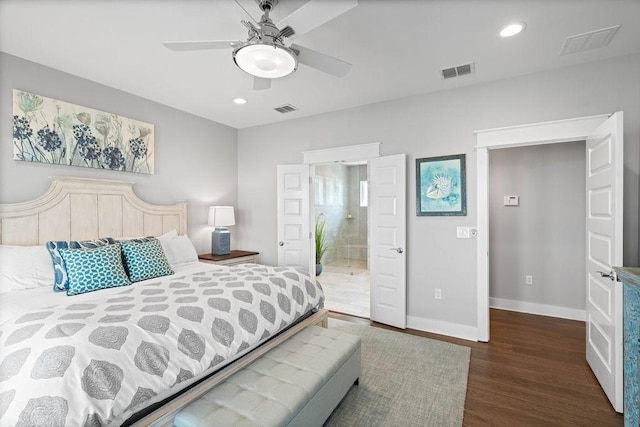 125 Reserve Ln, Rockport, TX 78382 - bedroom featuring wood finished floors, recessed lighting, ensuite bathroom, and ceiling fan