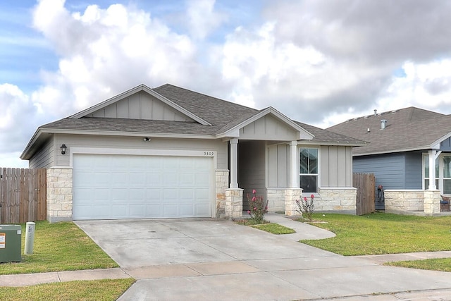 9509 Sedalia, Corpus Christi, TX 78410 - view of front of property with board and batten siding, a shingled roof, stone siding, a garage, and concrete driveway