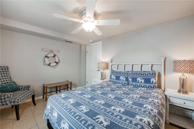 tiled bedroom featuring baseboards, visible vents, and a ceiling fan