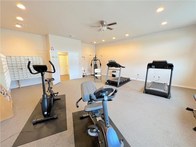 11 Augusta Cir, Aransas Pass, TX 78336 - workout area featuring ceiling fan, recessed lighting, and carpet flooring