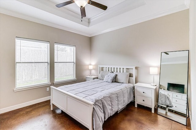 7237 Lake Tranquility Dr, Corpus Christi, TX 78414 - bedroom featuring baseboards, concrete flooring, ornamental molding, and a tray ceiling